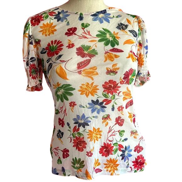 Womens Top Size Large Floral Sheer Cottage Summer Travel Vacation Beach - Picture 1 of 8